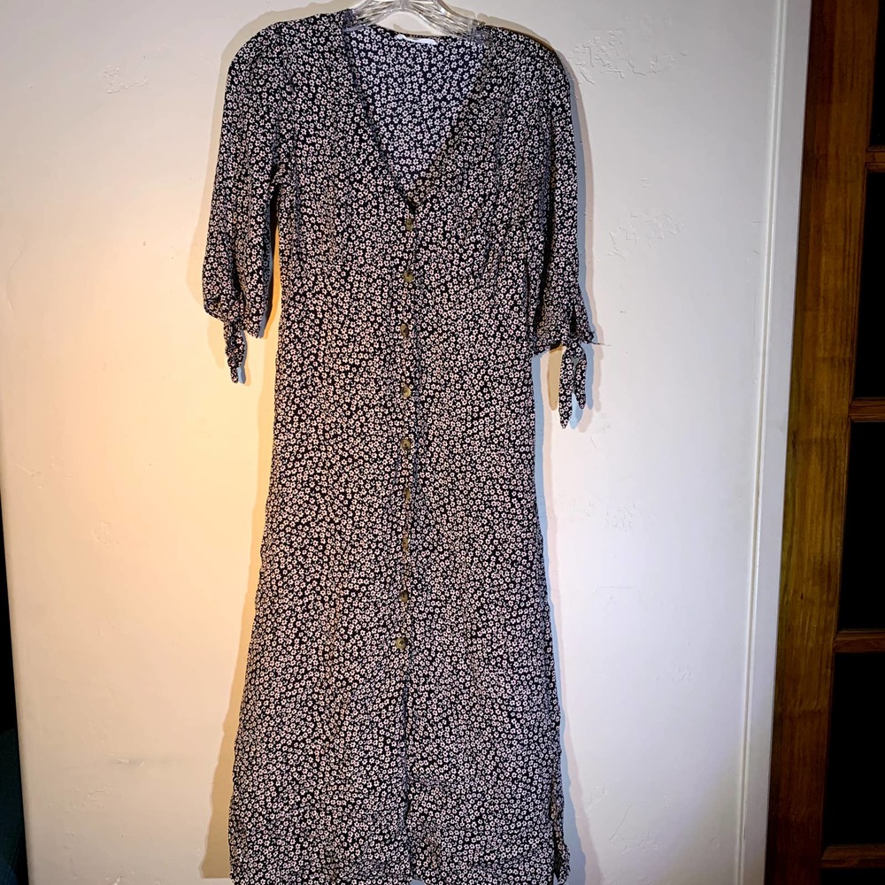 MNG long black with white flowers dress buttons down front size 2 small issue